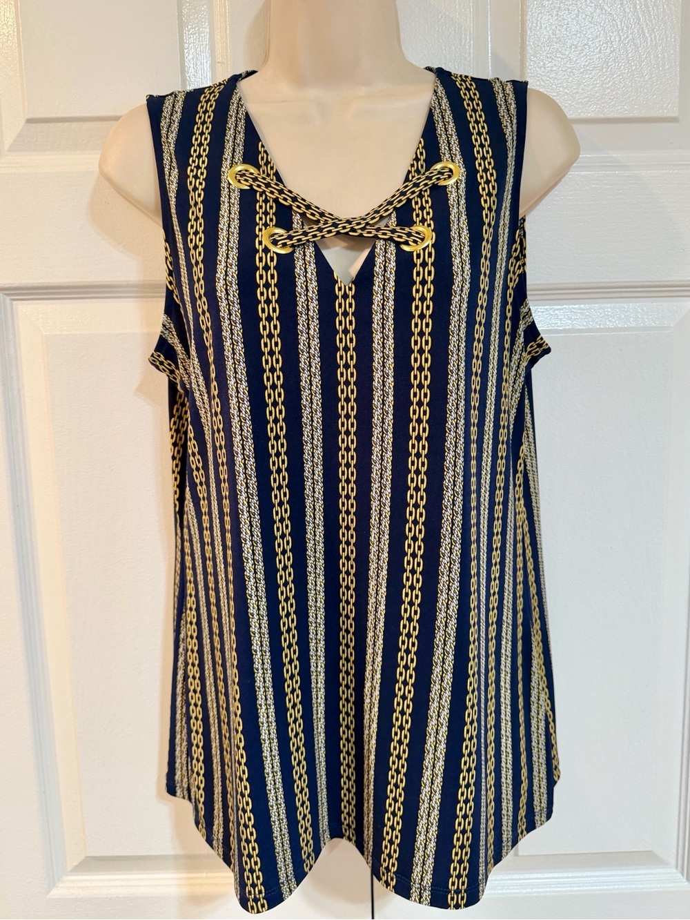 Michael Kors-Sleeveless Top-Crisscross Grommet Neckline-Navy Blue/Gold-Sz M